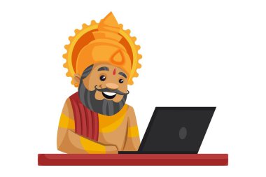 Vektör karikatür çizimi. Kral Dashratha bir dizüstü bilgisayar üzerinde çalışıyor. Beyaz bir arkaplanda izole edilmiş.