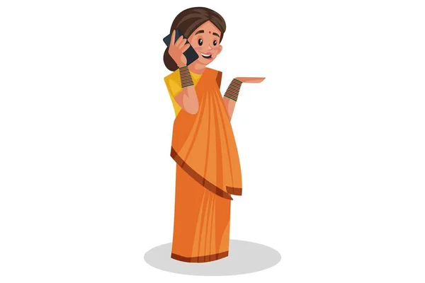 Векторная Графическая Иллюстрация Богиня Сита Разговаривает Мобильному Телефону Индивидуально Белом — стоковый вектор
