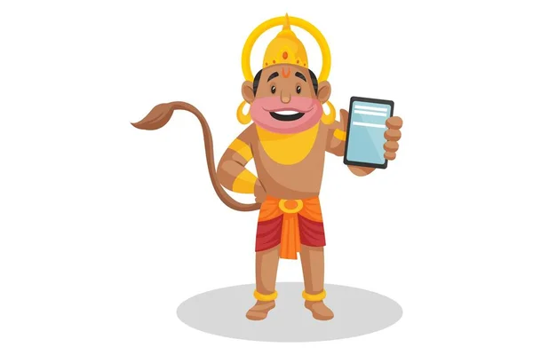 Vektorová Grafika Lord Hanuman Ukazuje Mobilní Telefon Individuálně Bílém Pozadí — Stockový vektor