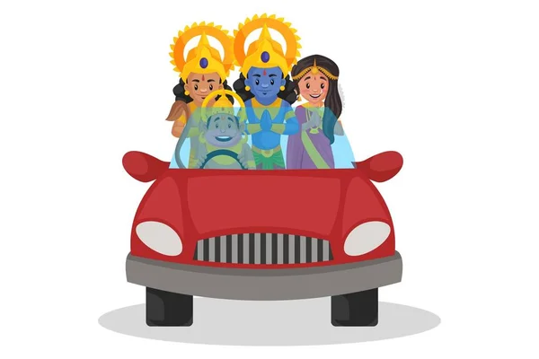 Vector Cartoon Illustration Lord Hanuman Sitting Car Lord Rama Goddess — Διανυσματικό Αρχείο