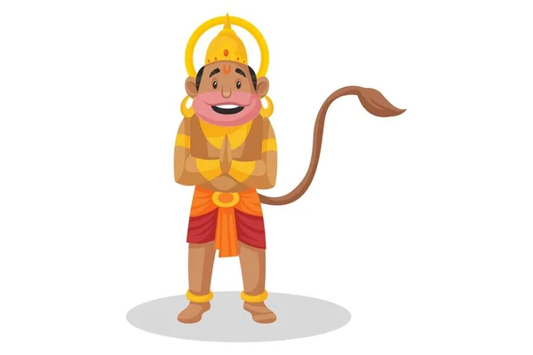 Vector Cartoon Illustration Lord Hanuman Standing Greet Hands Isolated White — Stock Vector