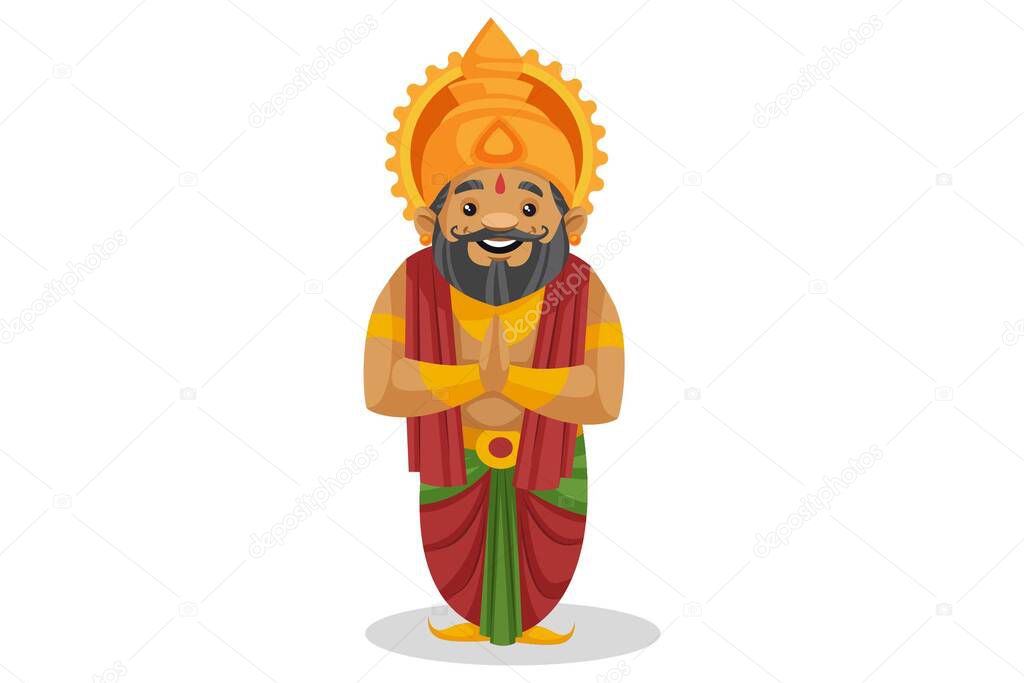 Vector cartoon illustration. King Dashratha with greet hands. Isolated on a white background.