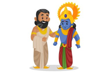 Vektör karikatür çizimi. Kral Janaka Lord Rama ile konuşuyor. Beyaz bir arkaplanda izole edilmiş.