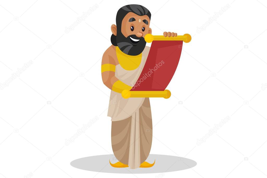 Vector cartoon illustration. King Janaka is reading the message on a cloth. Isolated on a white background.