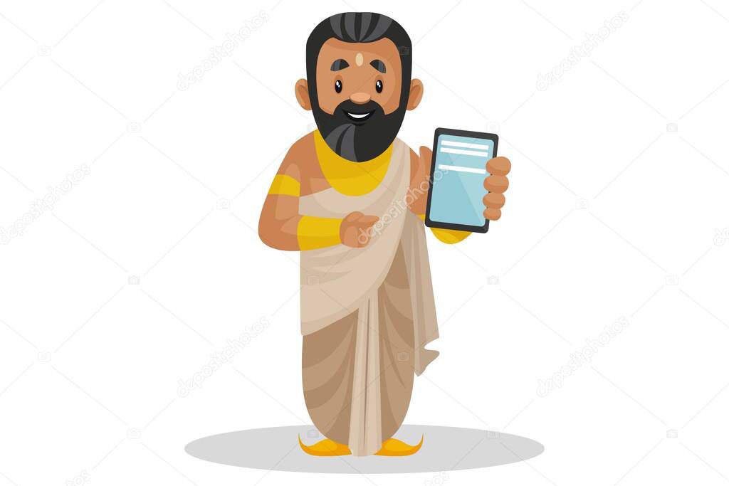 Vector cartoon illustration. King Janaka is showing a mobile phone. Isolated on a white background.