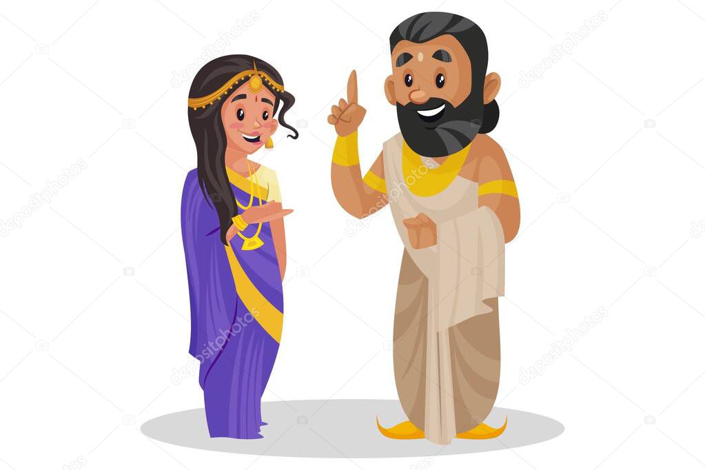 Vector cartoon illustration. King Janaka is talking to her daughter Sita. Isolated on a white background.