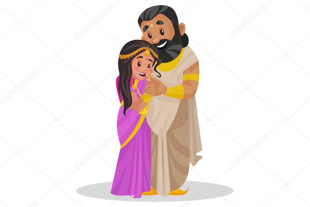 Vector cartoon illustration. King Janaka is hugging her daughter Sita. Isolated on a white background.