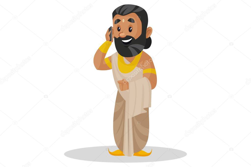 Vector cartoon illustration. King Janaka is talking on a mobile phone. Isolated on a white background.