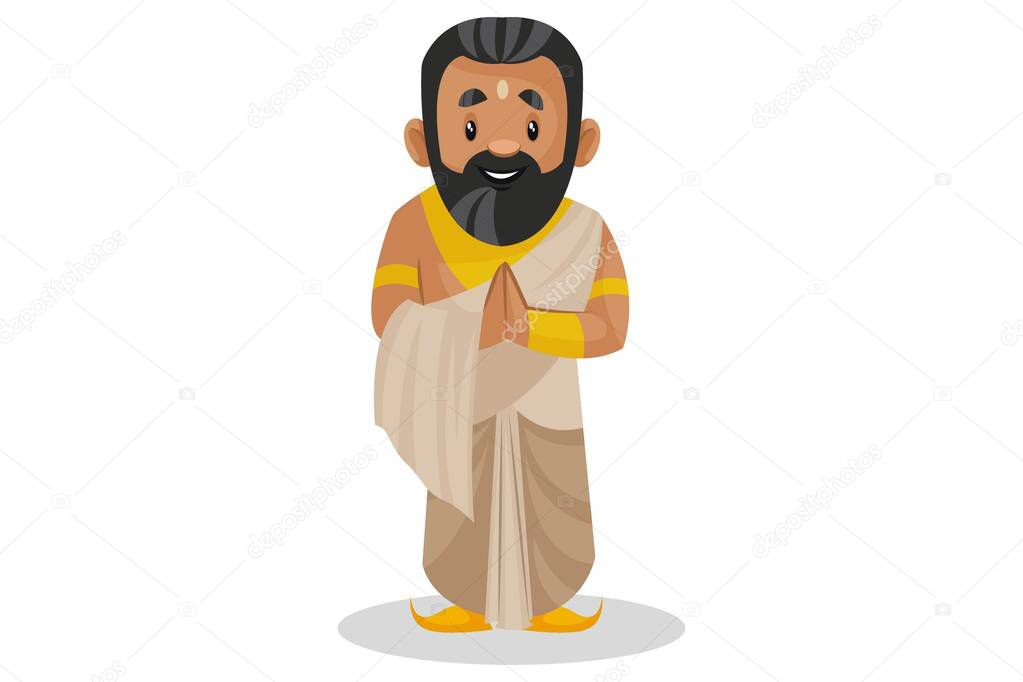 Vector cartoon illustration. King Janaka with greet hands. Isolated on a white background.