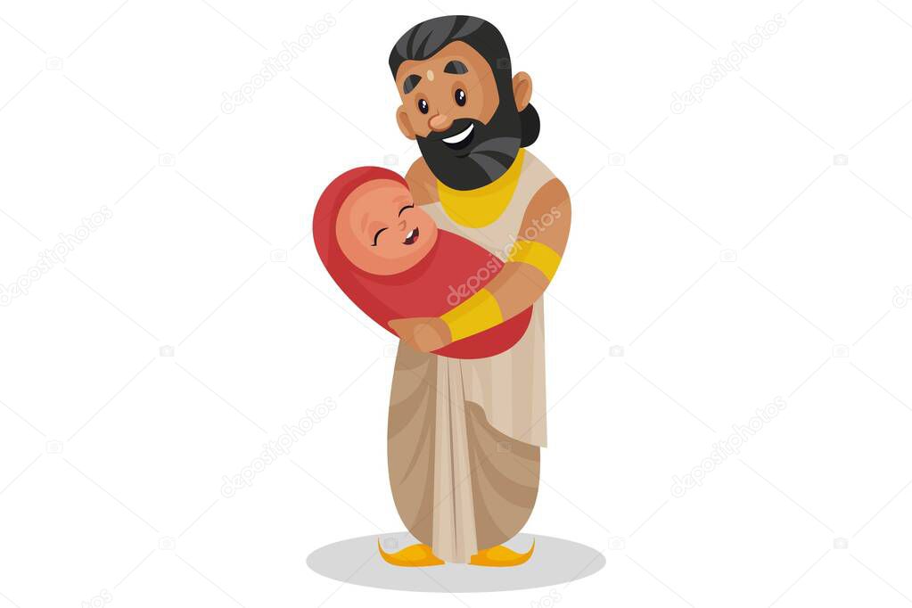 Vector cartoon illustration. King Janaka is holding the newborn baby in hands. Isolated on a white background.