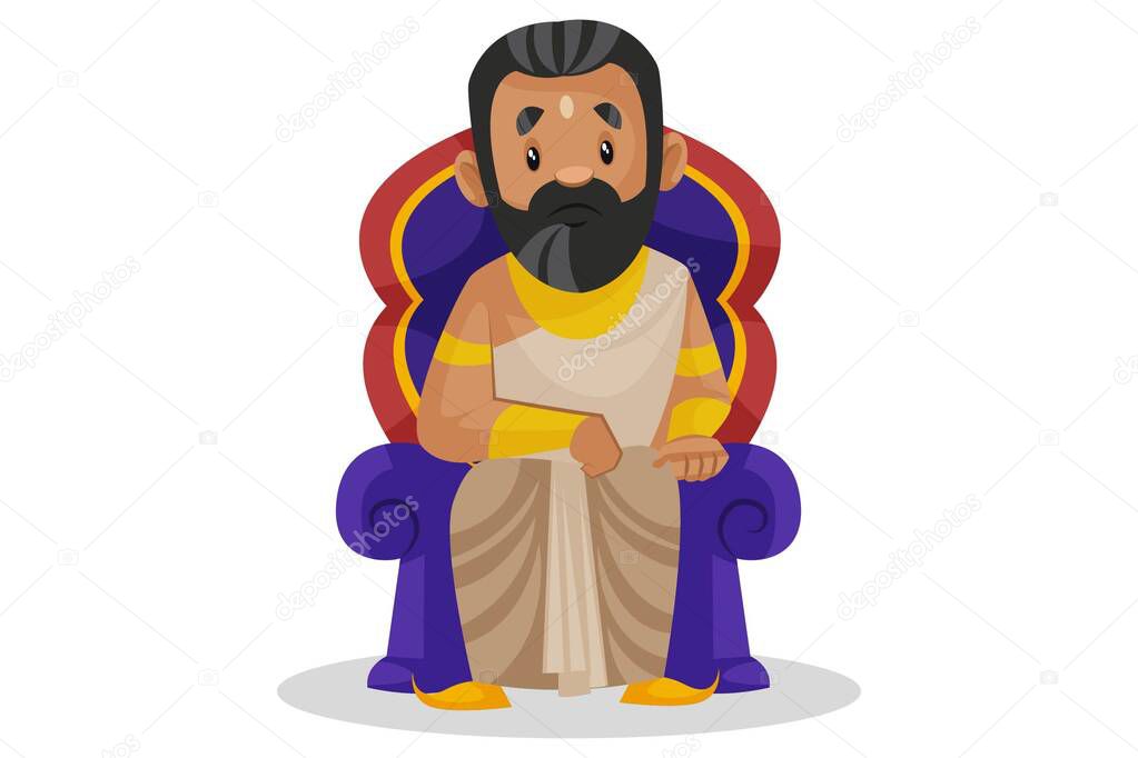 Vector cartoon illustration. King Janaka is sitting on the throne. Isolated on a white background.