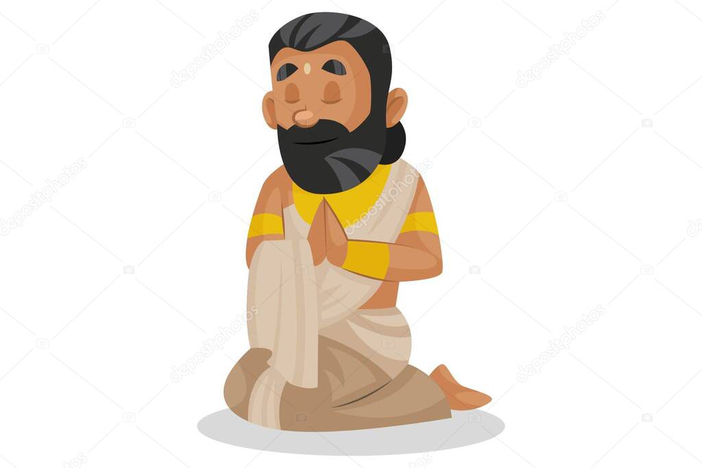Vector graphic illustration. King Janaka is sitting on his knees and praying. Individually on a white background.