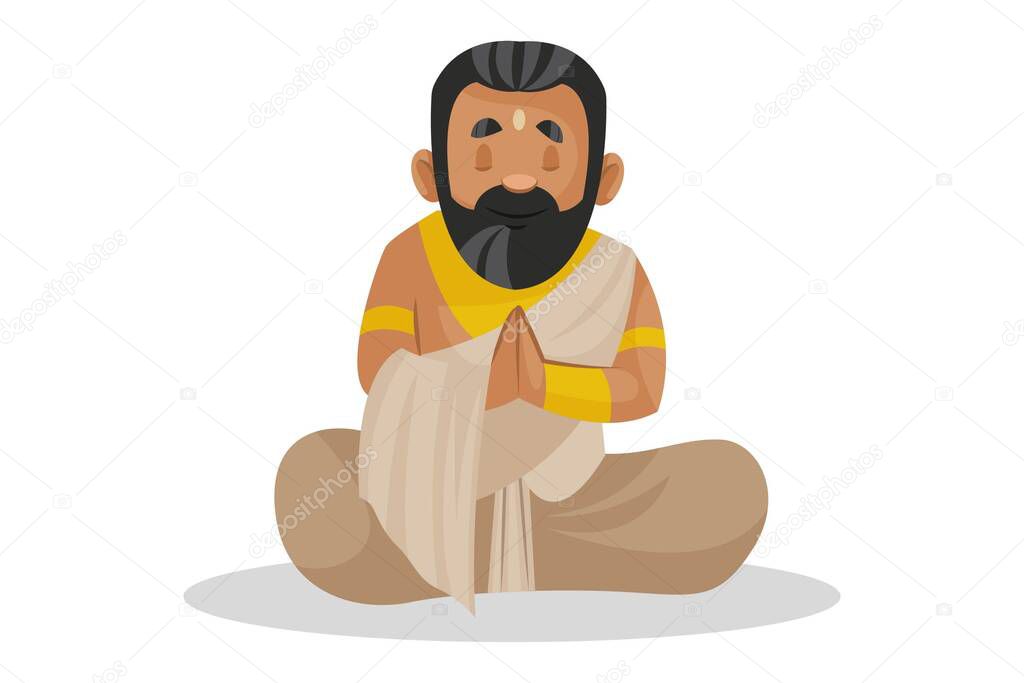 Vector cartoon illustration. King Janaka is sitting with greet hands and doing meditation. Isolated on a white background.