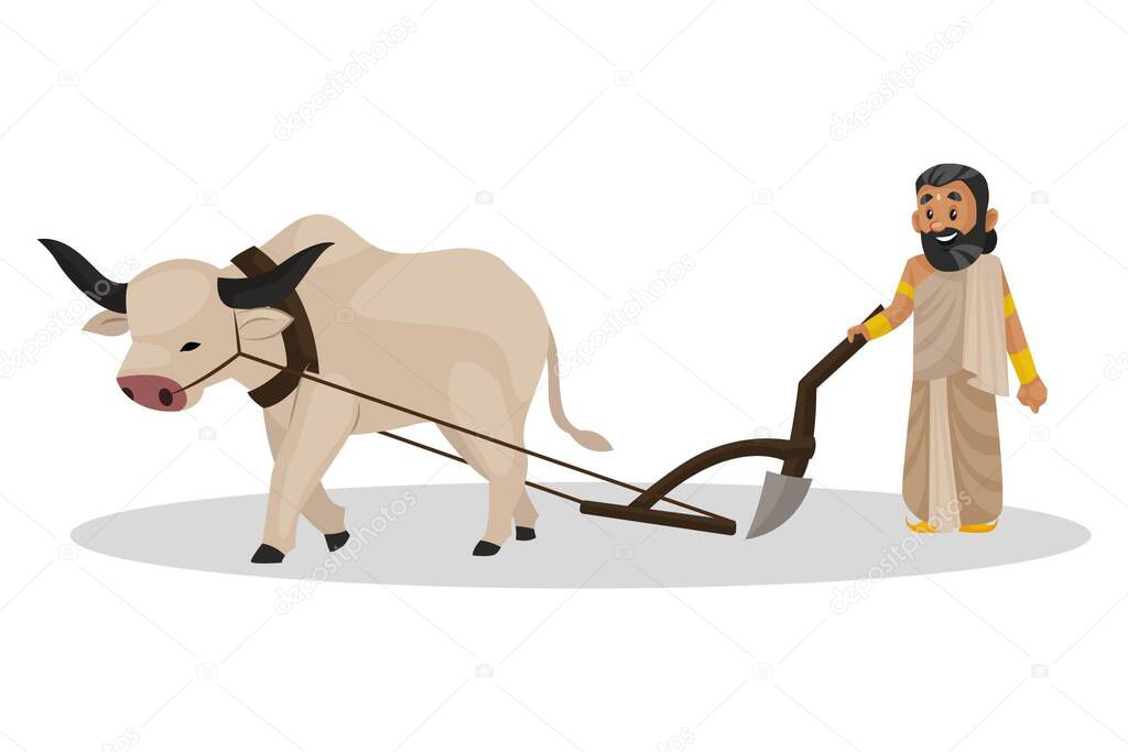 Vector cartoon illustration. King Janaka is farming with the bullock. Isolated on a white background.