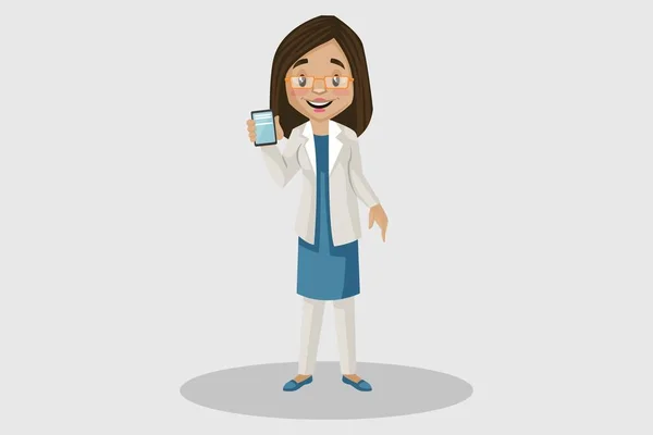 Векторна Графічна Ілюстрація Жінка Стоматолог Показує Мобільний Телефон Особисто Сірому — стоковий вектор