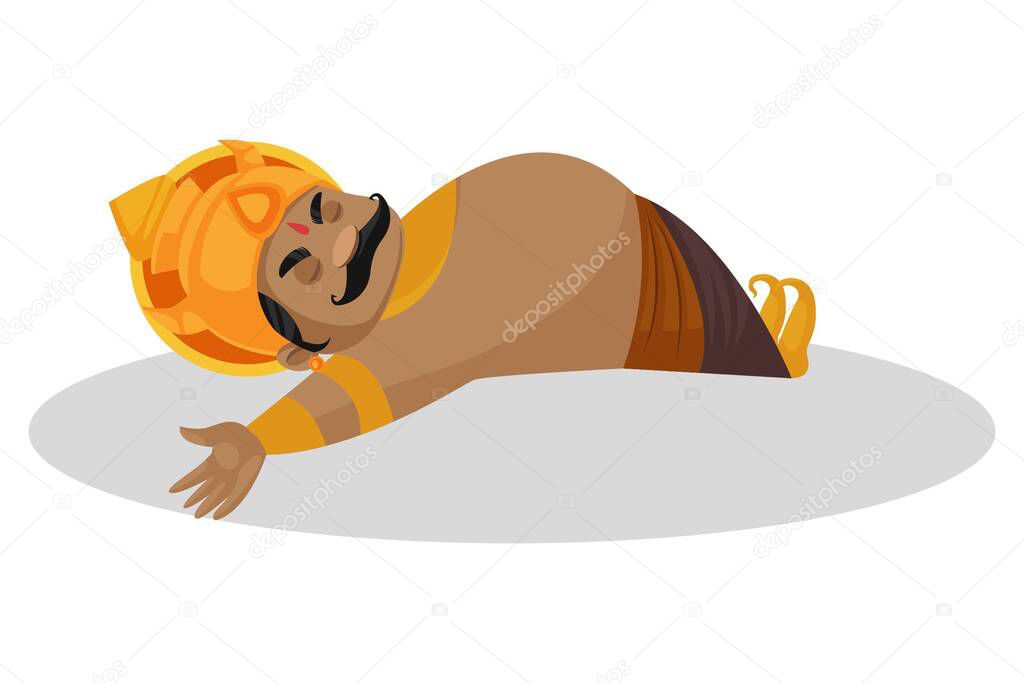 Vector graphic illustration. Kumbhakarna is lying down dead on the floor. Individually on a white background.