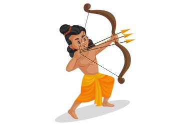 Vektör grafik çizimi. Lakshman bir yayda üç ok tutuyor ve dövüşüyor. Beyaz arka planda tek başına.