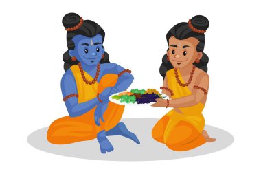 Vektör grafik çizimi. Lakshman Lord Rama 'ya yemek veriyor. Beyaz arka planda tek başına.