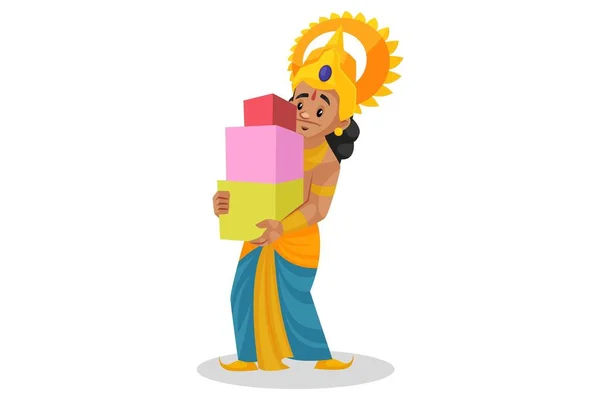 Vector Graphic Illustration Lakshman Holding Gift Boxes Hands Individually White — Stock Vector