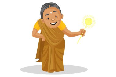 Vektör karikatür çizimi. Manthra elinde bir maytap tutuyor. Beyaz bir arkaplanda izole edilmiş.