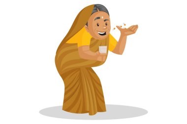 Vektör grafik çizimi. Manthra süte ilaç ekliyor. Beyaz arka planda tek başına.