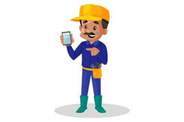 Vektör grafik çizimi. Tesisatçı bir cep telefonu gösteriyor. Tek tek beyaz arkaplanda.