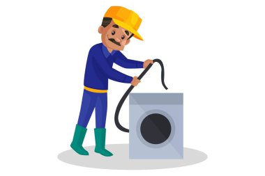 Vektör grafik çizimi. Tesisatçı çamaşır makinesinin su borusunu tamir ediyor. Tek tek beyaz arkaplanda.