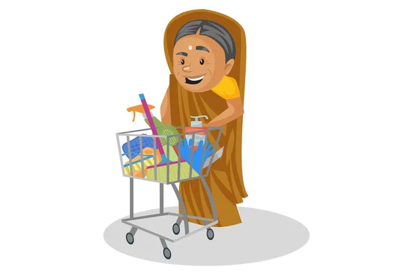 Vector Graphic Illustration Manthra Pushing Trolley Shopping Household Material Individually — Stock Vector