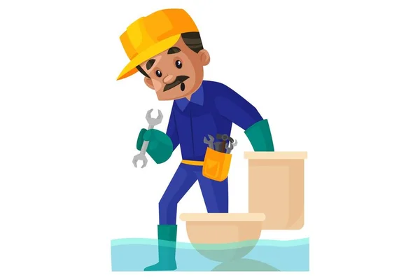 Vector Graphic Illustration Plumber Standing Bathroom Repairing Toilet Seat Individually — Stock Vector