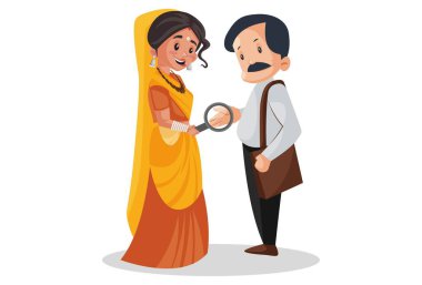 Vektör grafik çizimi. Hintli rahibe elinde büyüteçle bir adamın avucuna bakıyor. Tek tek beyaz arkaplanda.