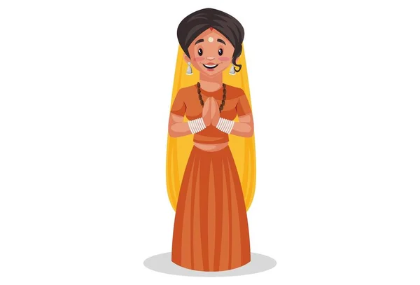 矢量图解 印度女祭司与问候的手 单独地在白色背景下 — 图库矢量图片