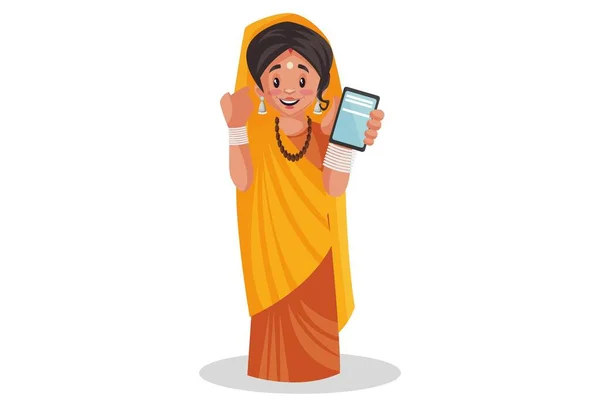 Ilustración Gráfica Vectorial Sacerdotisa India Está Mostrando Teléfono Móvil Individualmente — Vector de stock