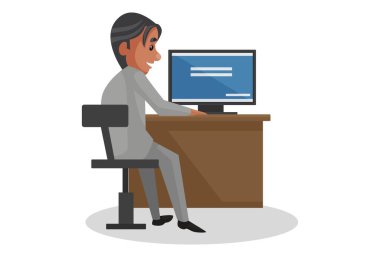 Vektör grafik çizimi. Bilim adamı bir sandalyede oturuyor ve dizüstü bilgisayar üzerinde çalışıyor. Beyaz arka planda tek başına.