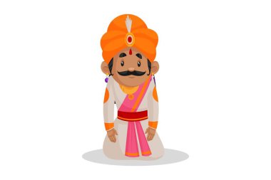 Vektör grafik çizimi. Samrat Ashok üzgün ve dizlerinin üzerinde oturuyor. Beyaz arka planda tek başına.