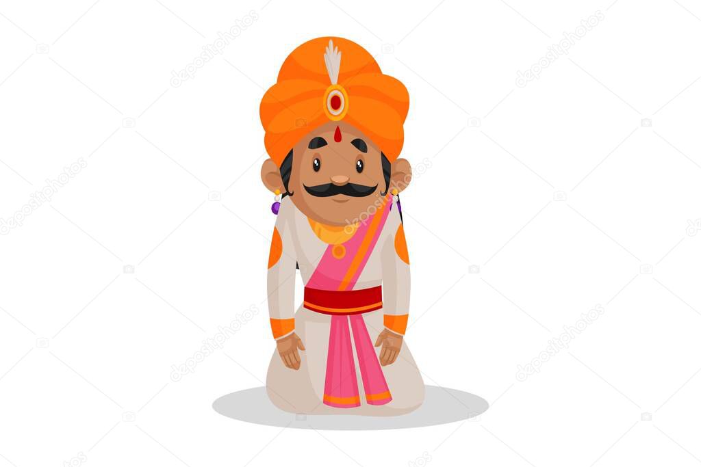 Vector graphic illustration. Samrat Ashok is sad and sitting on his knees. Individually on a white background.