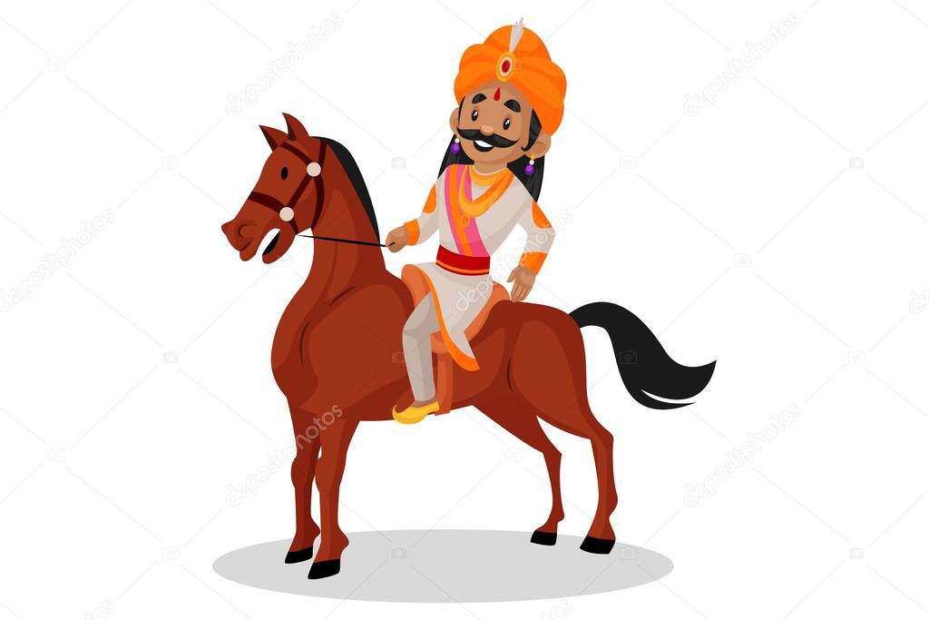 Vector graphic illustration. Samrat Ashok is sitting on the horse and smiling. Individually on a white background.