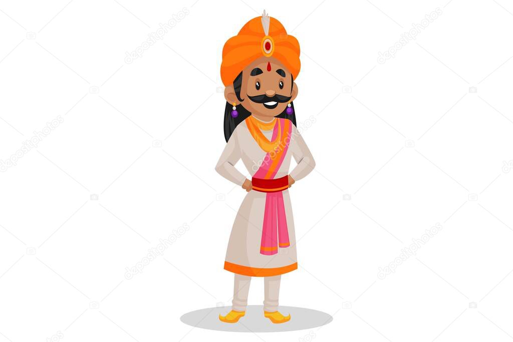 Vector graphic illustration. Samrat Ashok is standing with both hands on his waist and smiling. Individually on a white background.