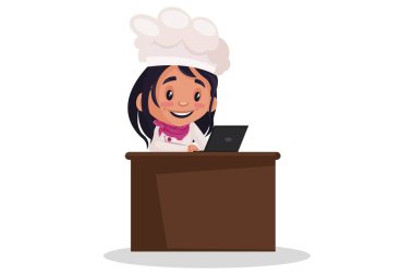 Fırıncı kız dizüstü bilgisayarla çalışıyor. Vektör grafik çizimi. Beyaz arka planda tek başına.