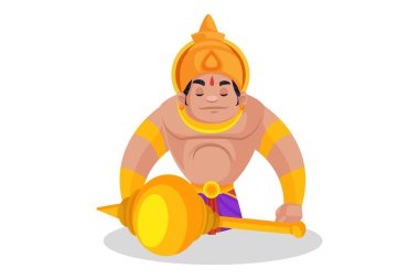 Bhima topuzun önünde dizlerinin üzerinde oturuyor. Vektör grafik çizimi. Beyaz arka planda tek başına.