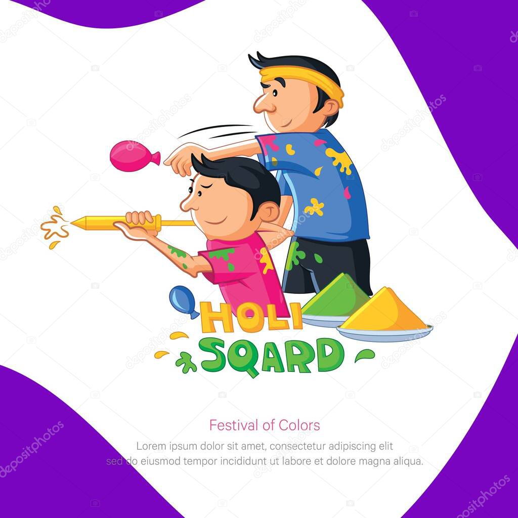 Happy Holi banner design. Indian boys are playing Holi. Lettering text Holi sqard. Vector cartoon illustration.
