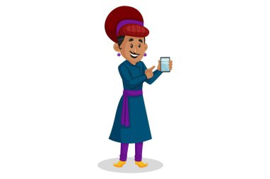 Vektör grafik çizimi. Birbal bir cep telefonu gösteriyor. Beyaz arka planda tek başına.