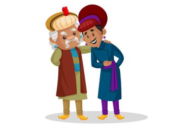 Vektör grafik çizimi. Kral Akbar Birbal 'ı takdir ediyor. Beyaz arka planda tek başına.