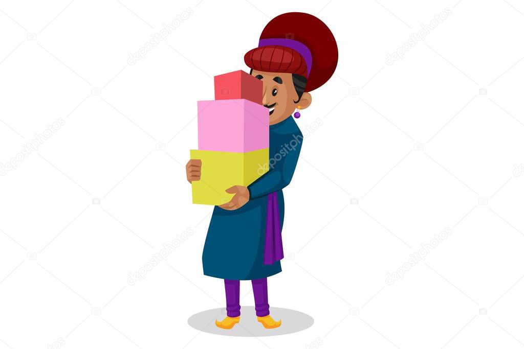 Vector graphic illustration. Birbal is holding gift box in hands. Individually on a white background.