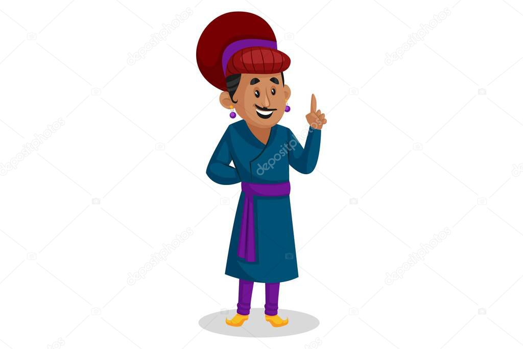 Vector graphic illustration. Birbal is pointing finger and giving his opinion. Individually on a white background.
