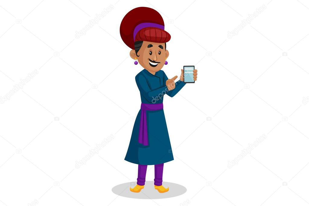 Vector graphic illustration. Birbal is showing a mobile phone. Individually on a white background.