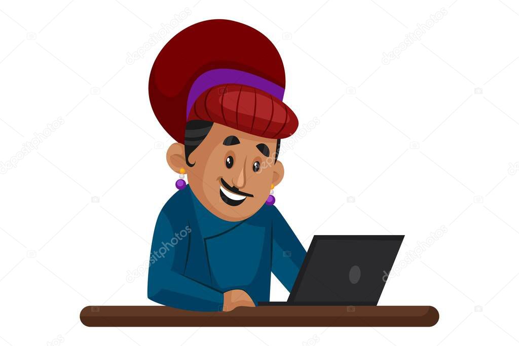 Vector graphic illustration. Birbal is working on a laptop. Individually on a white background.