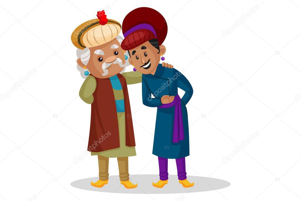 Vector graphic illustration. King Akbar is appreciating Birbal. Individually on a white background.