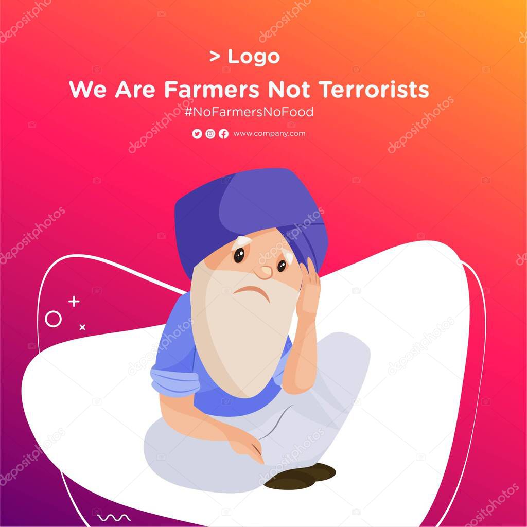 Banner design of Punjabi old man is sitting sadly. Vector cartoon illustration. Isolated on a colored background.