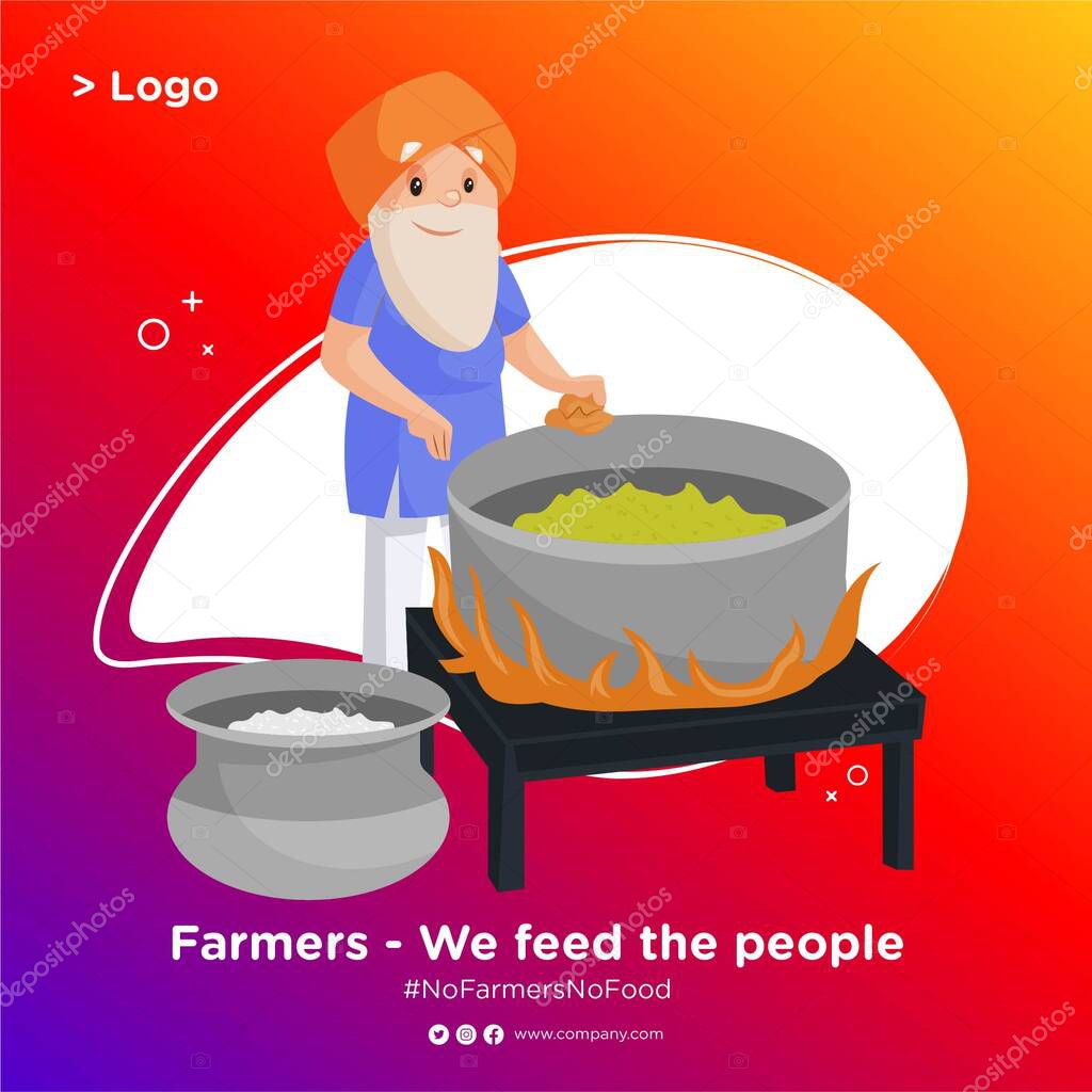 Banner design of Punjabi old man is making food in a big pot. Vector cartoon illustration. Isolated on a colored background.