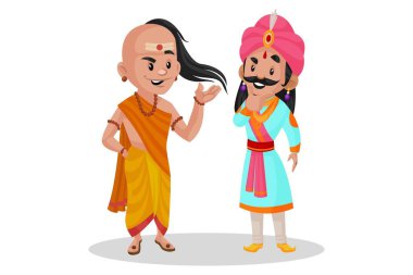 Vektör grafik çizimi. Chanakya bir adamla konuşuyor. Beyaz arka planda tek başına.